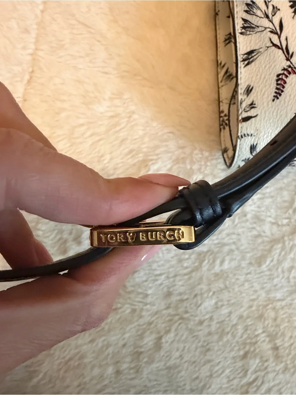 Tory Burch Cream Floral Crossbody with Red & Black Stripe